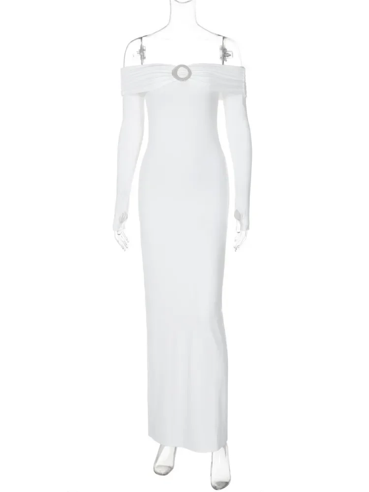 オフショルダー長袖セクシーマキシワンピース レディース 秋新作 ストラッ プレス バックレス ボディコン エレガント クラブ パーティー ロングドレス