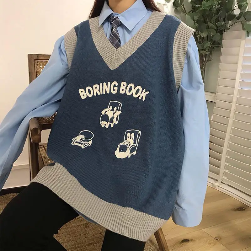 Sweater Vest Girls Autumn Winter Fashion V Neck Pullover Preppy Style Sleeveless Knitted Sweaters Casual Baggy Knitwear 2022 New