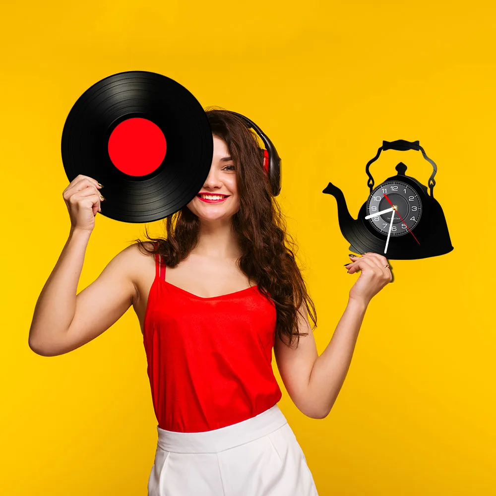 Modern Kitchen Artwork Teapot Wall Clock Tea Room Wall Decor Teapot Retro Vinyl Record Wall Clock Kitchen Decorative Wall Watch image 5