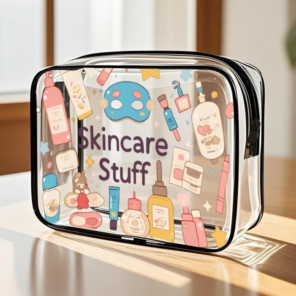 Portable Transparent Toiletry Handbag Waterproof PVC Cosmetic Pouch Single-Sided Print Zipper Essentials Organizer Travel Use