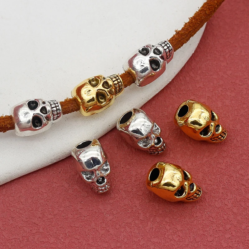 10pcs/Lot Hip-pop/Punk Big Hole Silver/Gold Color Skull Beads 12x8mm Dreadlocks/Bracelets Skeleton Charm Spacers DIY Jewelry