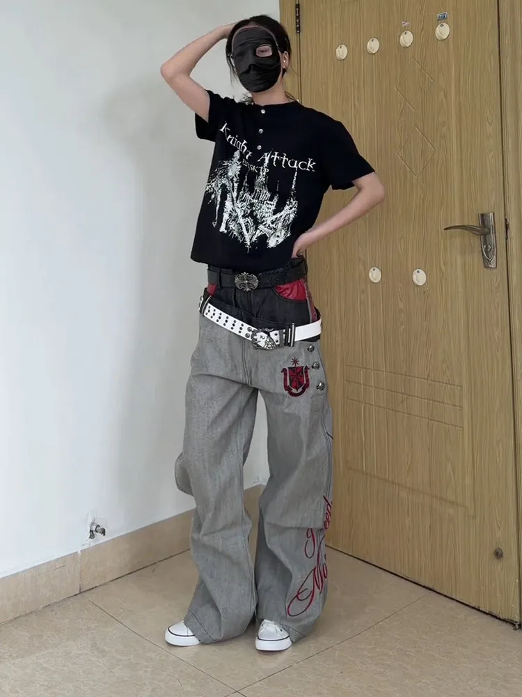 Red to Red Ear Double Waist Head Vibe Jeans Men's American Washed Old Blade Pants Trendy Wide Leg Pants High Waist Jeans