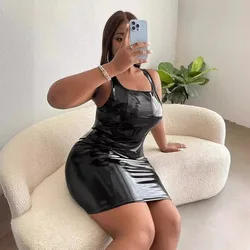 Letnia sukienka bez rękawów ze sztucznego lateksu Kobiety Plus Size Seksowna mini sukienka z PVC Kwadratowy kołnierzyk Damska sukienka Bodycon Pu 6XL 7XL