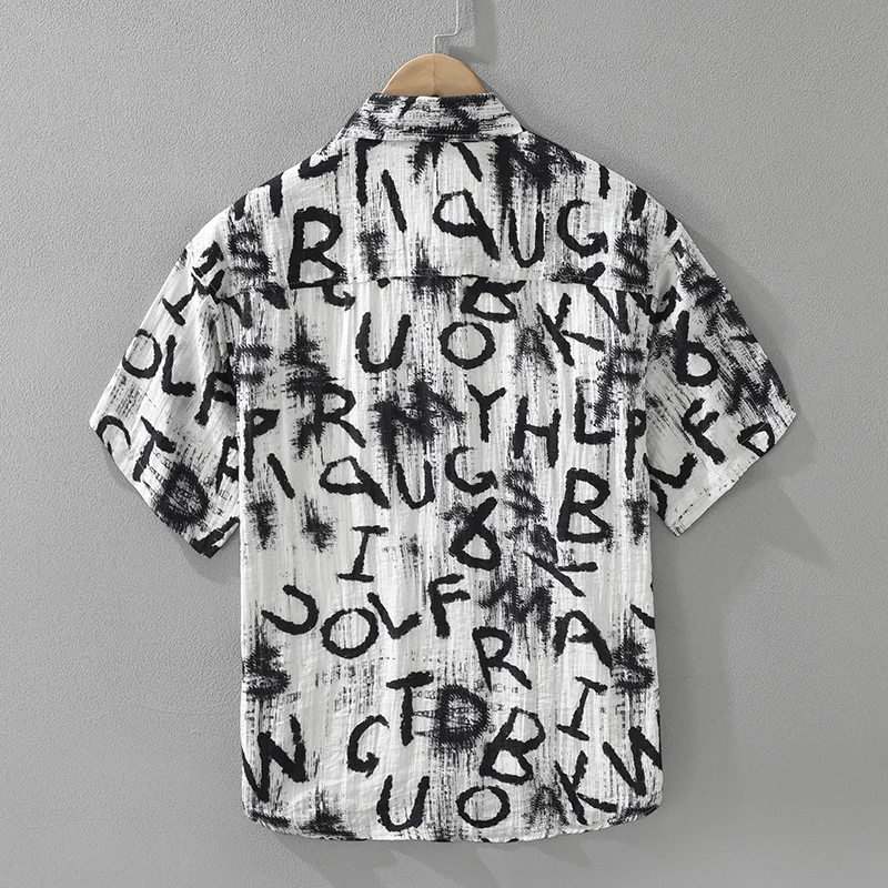 8527 Trendy Letter Print Short Sleeve Shirt Men Casual Loose Fit Stylish Top Camisa Jawaianas Hombre Men Shirts TS-994