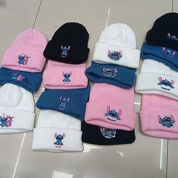 

Autumn Winter Adult Embroidery Knitting Hats Boys Girls Cartoon Anime Stitch Print Caps Kids Men Women Keep Warm Windproof Hat
