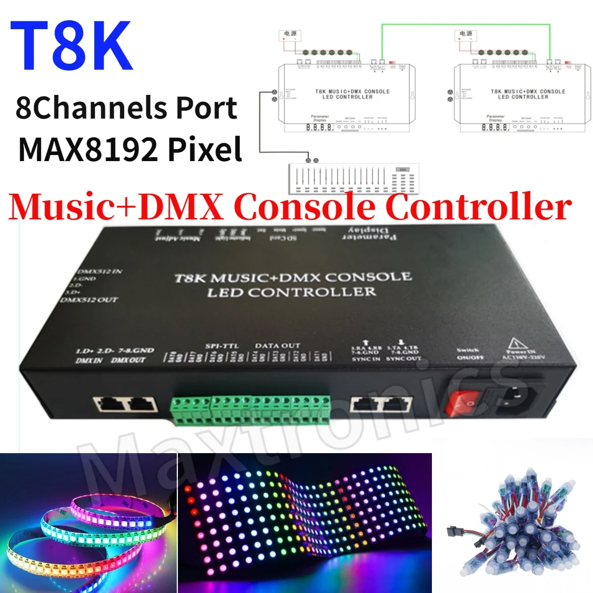 Imagem -05 - Led Console Controller com Mic in e Aux in Música Dmx Strip Module Módulo Porta 8ch T8k Rgb Spi-ttl Ws2812 Ws2813 Ws2815 Ws2811