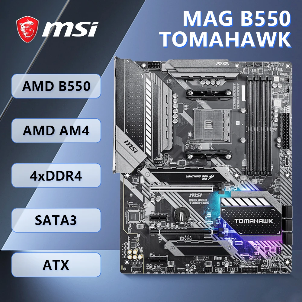 MSI MAG B550 TOMAHAWK Motherboard AM4 Support Ryzen 9 5900X R7 5800X3D R5 5600G CPU use AMD B550 Chipset, 4xDDR4, PCIe 4.0, ATX.