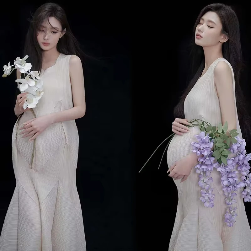 Women Elegant White Maternity Dresses for Photoshoot Stylish High End Pregnancy Gown Artistic Bump Photo Outfit Clothing for Mom - view 6