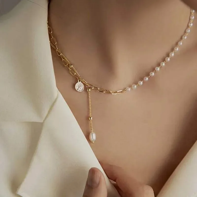 Minar Classic Genuine Freshwater Pearl Charm Necklaces 14K Real Gold Plated Copper Asymmetric Link Chain Choker for Women Gift
