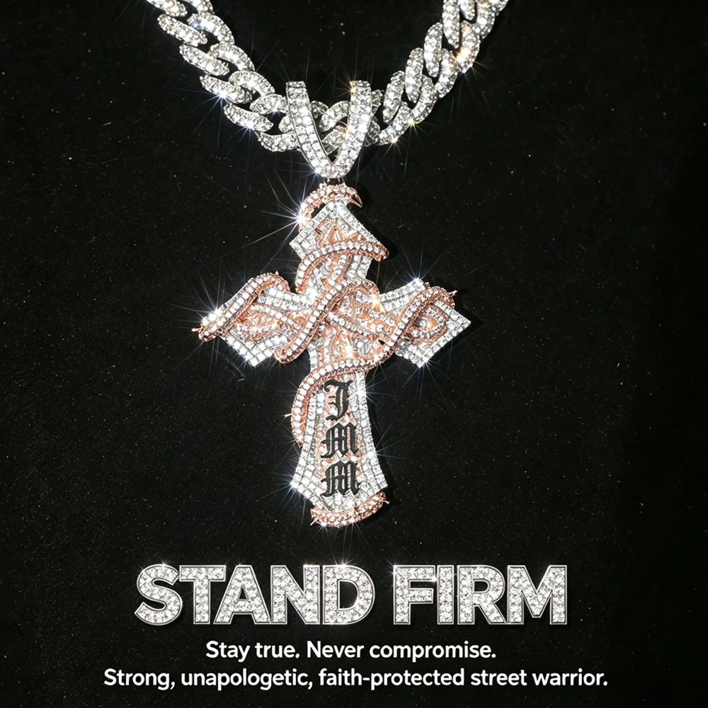 Thorn Cross Pendant Two-Tone Rose Gold Silver Engraved Letters Full Paved Cubic Zirconia Hip Hop Necklace 18K Gold Plated Self-Stand Street Warrior Full Diamond Punk Pendant Necklace Accessories Fine Jewelry Gifts for Rappers Men Boy Friends
