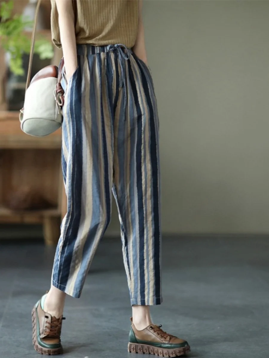 

Casual Cotton Linen Harem Pants Women Summer Loose plus Size Slimming Artistic Nine Point Casual Pants Vintage Sle Striped ...