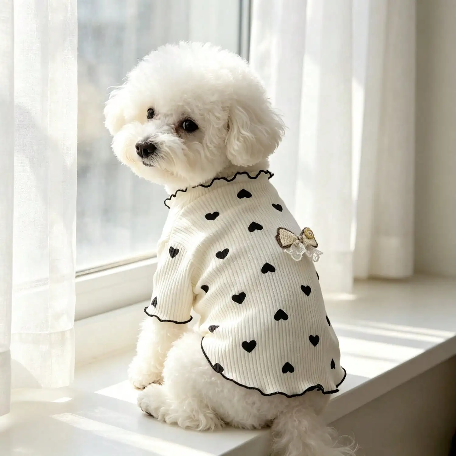 1 Stück geripptes Oberteil mit Herzmuster für kleine Hunde mit Spitzenschleife, lässiges Haustier-Shirt – Detail 15