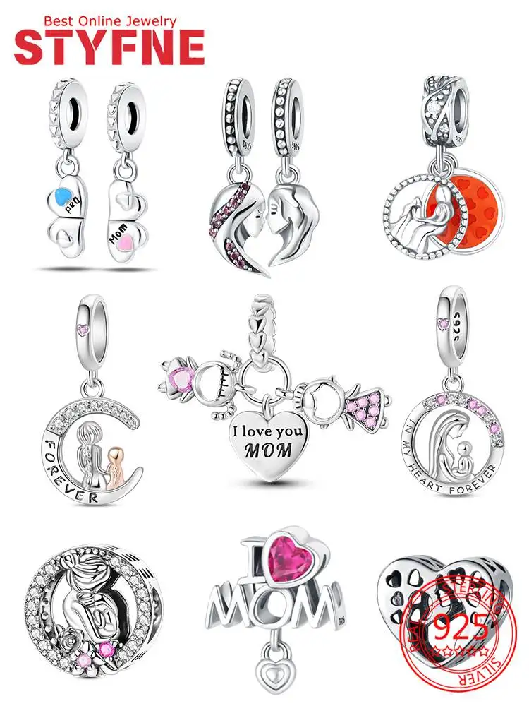

925 Sterling Silver Charms Love MOM Hearts Beads Fit Original Bracelets Beads Charms Jewelry Making Fine Jewelry Gift