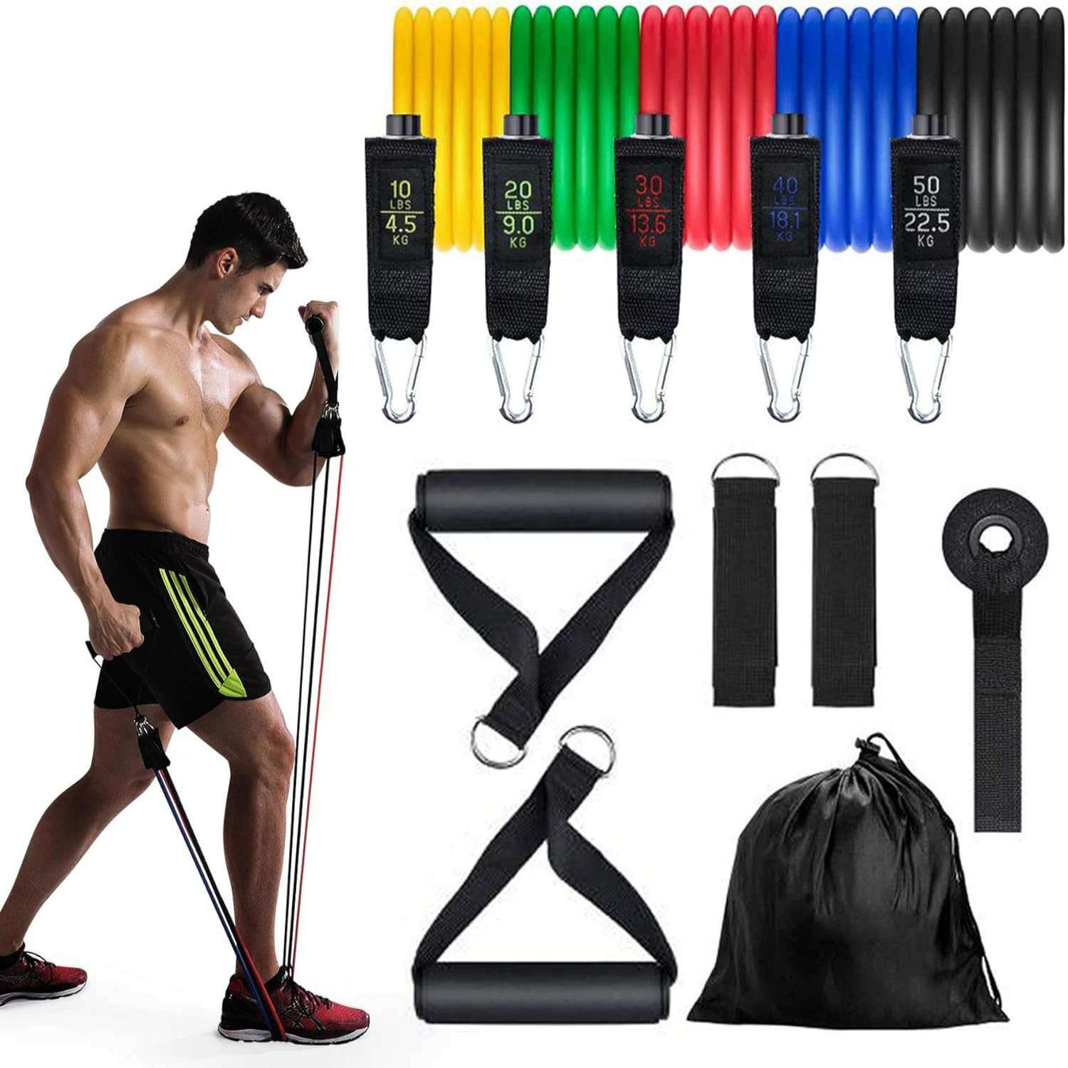 Black 11PCS Resistance Bands Set with Handles and Door Anchor for Home Workouts - 5 Stackable Bands with Ankle Straps, Up to 150