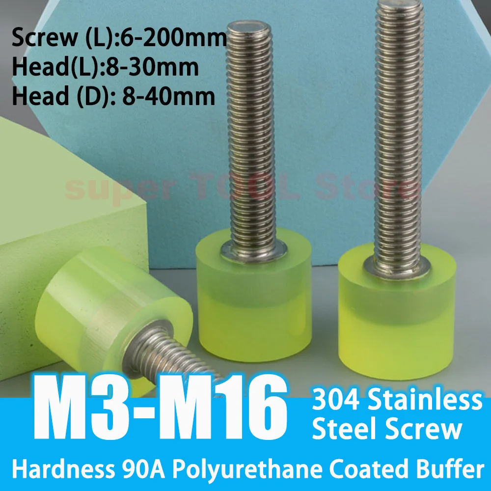 1Pc 304 Stainless Steel Polyurethane Coated Screw Buffer Anti-Collision Bolt Shock Absorption Screw with PU Head M3 M4 M5-M16