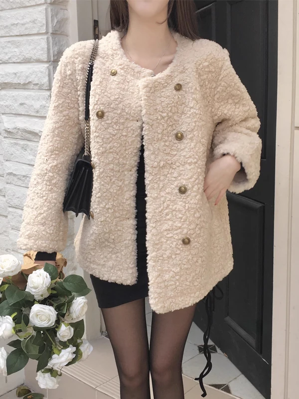 

Chic Thiened Woolen Coat for Women Chic round Ne Double Button Mid-Length Cotton Filled High-End Sle Trendy Outerwear