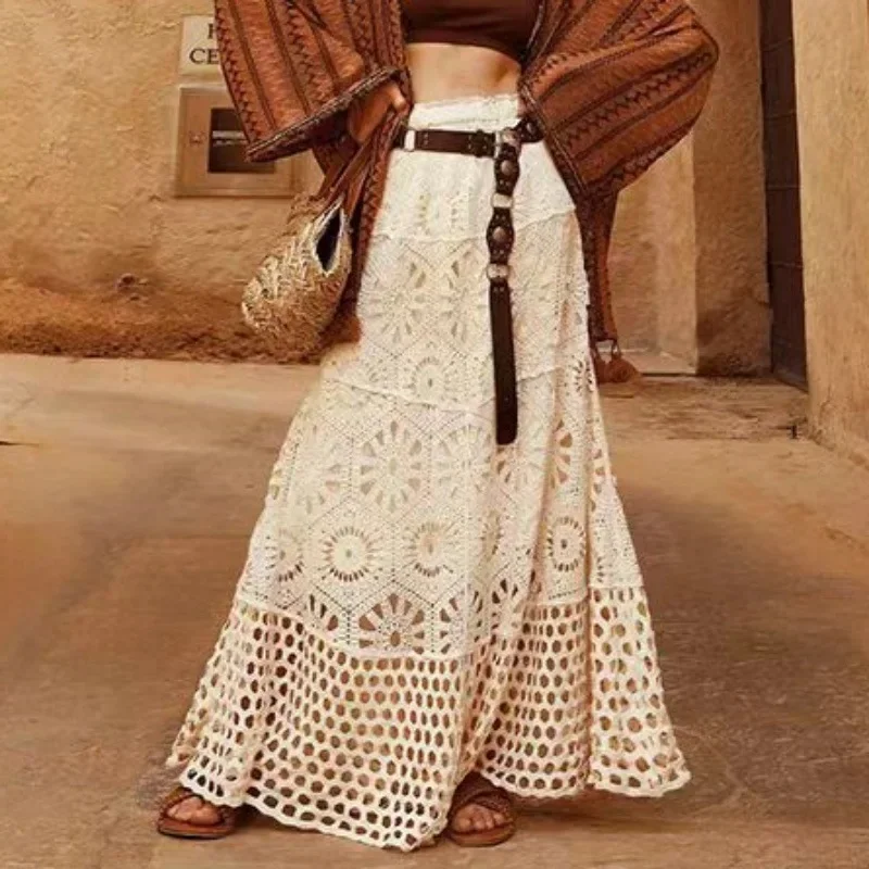 2026 New Summer Women's French Style Lace Spliced A Line Skirt Hollow Crochet High Waist Midi Skirt Vacation Style