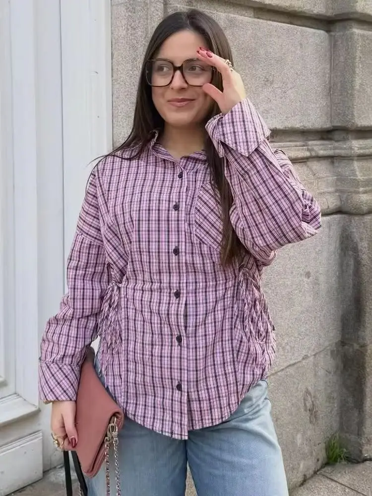 

HH Women 2026 Spring Fashion Versatile Lapel Plaid Long Sleeve Shirt Female Chic Elegant Bow Tie Pocket Decoration Casual Shirt