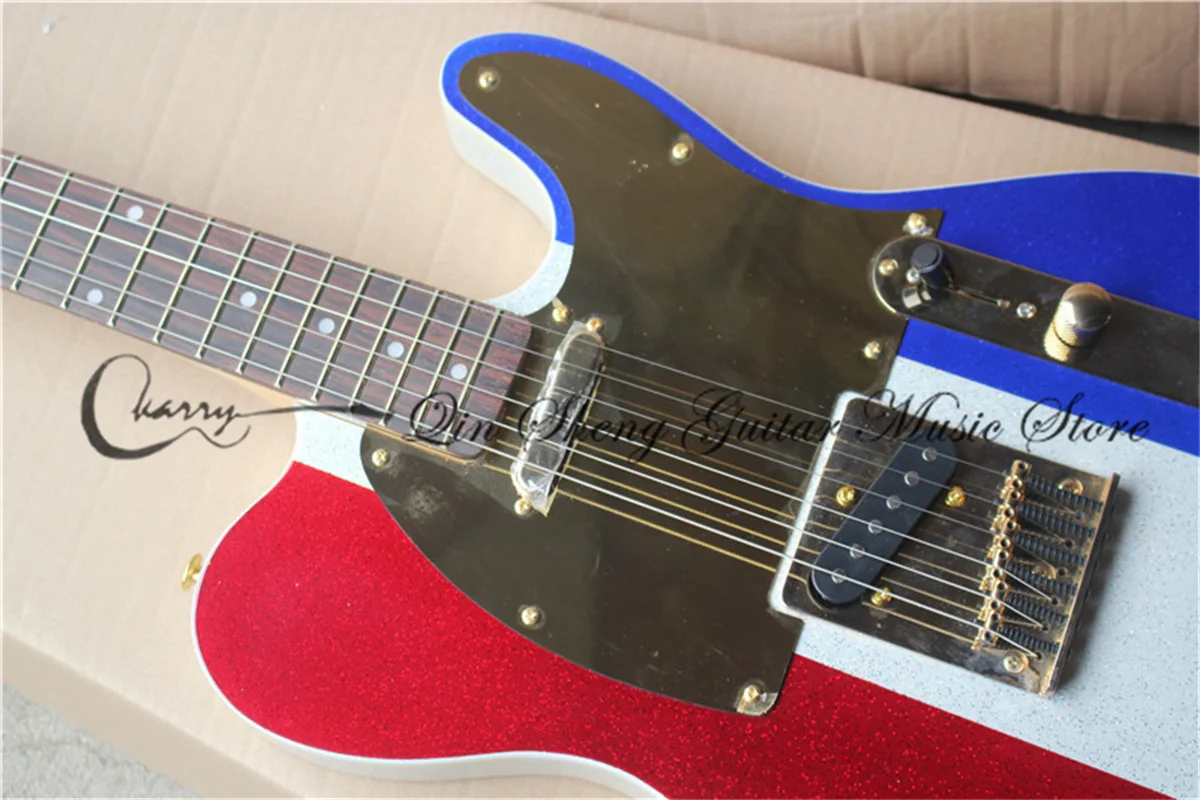 6 string electric guitar,tel guitar red sliver blue flash powder particles body,gold bridge,gold pickgurad