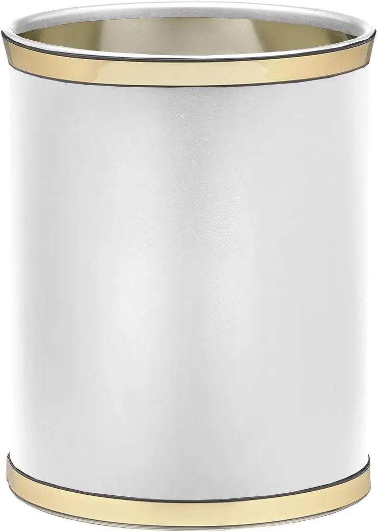 

Elegant 14-Inch Oval Wastebasket in White with Polished Brass Finish, Durable Metal Construction