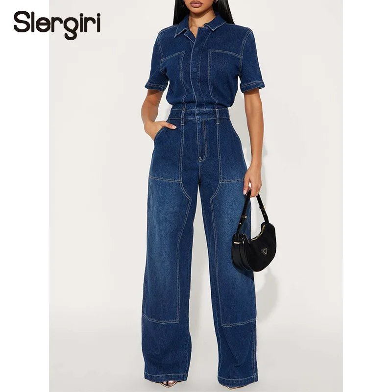 

Джинсовый комбинезон Slergiri с пуговицами спереди, эластичный, женский, модный, новинка 2026 года, летний, с карманами, с высокой талией, с коротким рукавом, с широкими штанинами