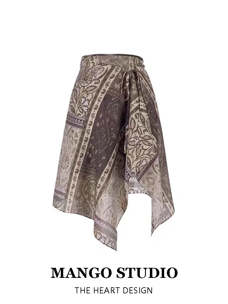 Retro Coffee Print Light Weight High Waist f Skirt for Women Summer Ethnic Wave Mexican Loose Fit A-Line Midi Skirt