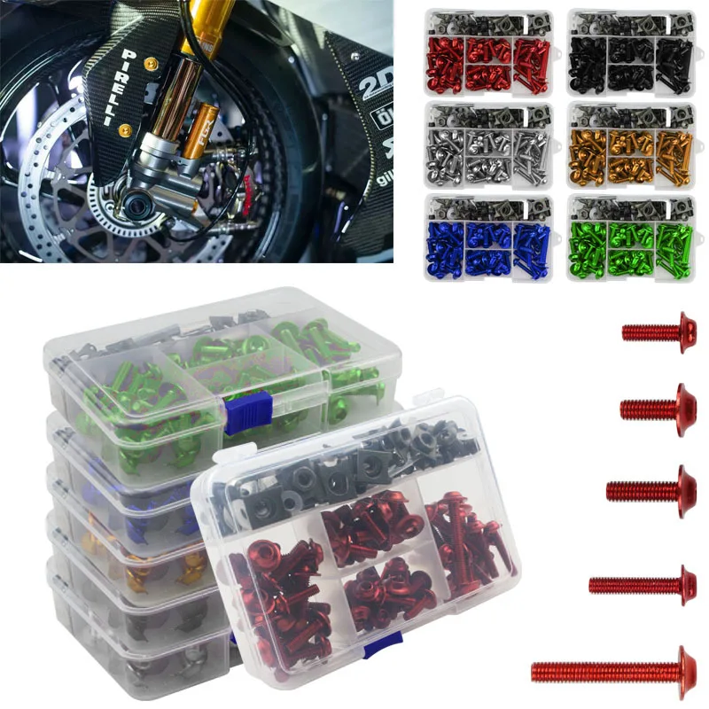 195Pcs Motorcycle Fairing Bolt Kit Aluminum Windscreen Mudguards Screws Fasteners Kit Washers Nut Bolts Screws Clips Assortment