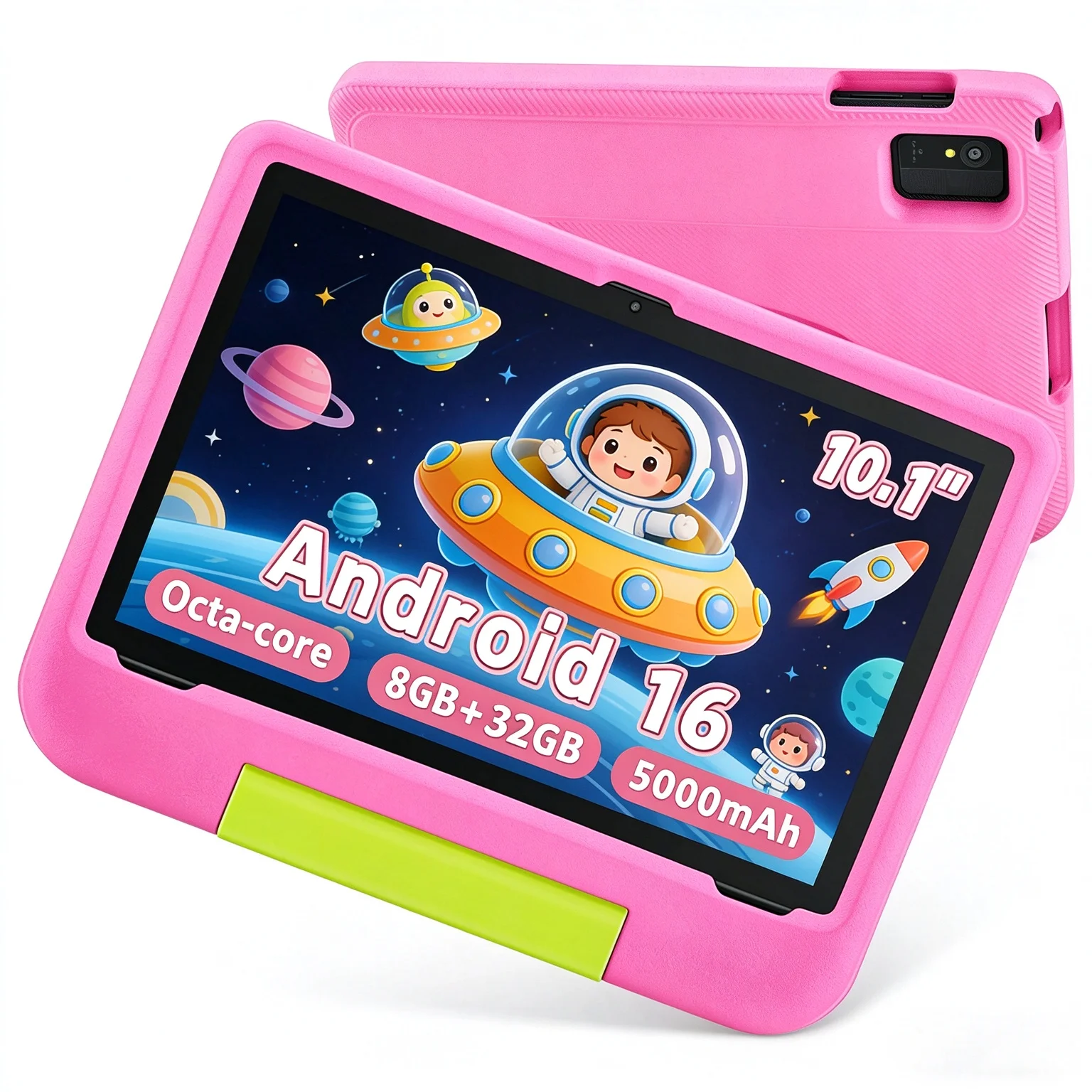 Kids Tablet 10.1 Inch Android 16 8GB RAM 32GB ROM WiFi 6 5000mAh Dual Camera Drop-resistant Case for Toddler Learning Games