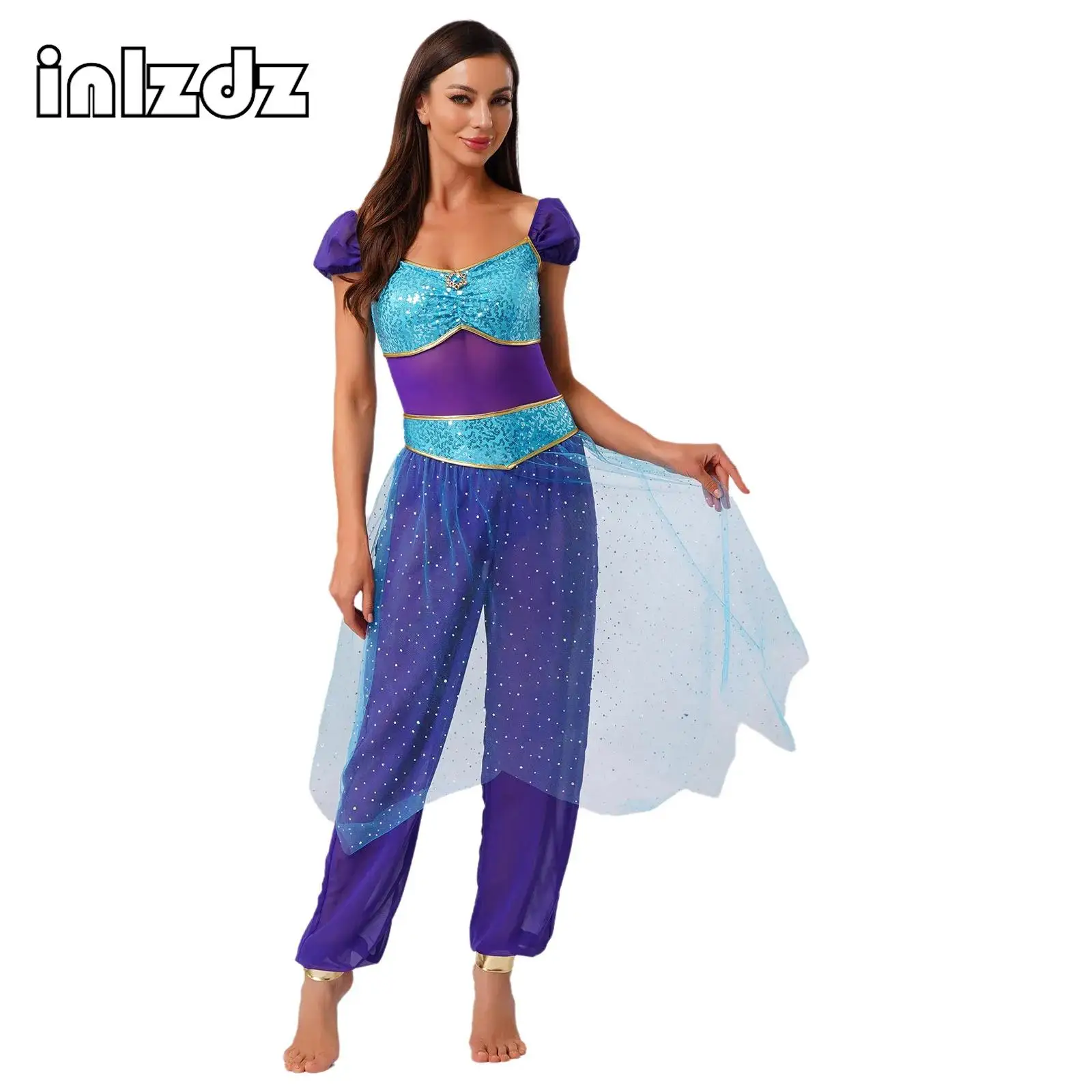 

Halloween Arabian Princess Cosplay Dress Up Jumpsuit Womens Sequined Sleeveless Carnival Stage Party Costume Belly Dance Rompers