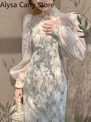 Vintage Elegant Cheongsam Dress Women Floral Embroidery Design Party Fairy Dress Female 2022 Spring Court Retro Long Split Dress