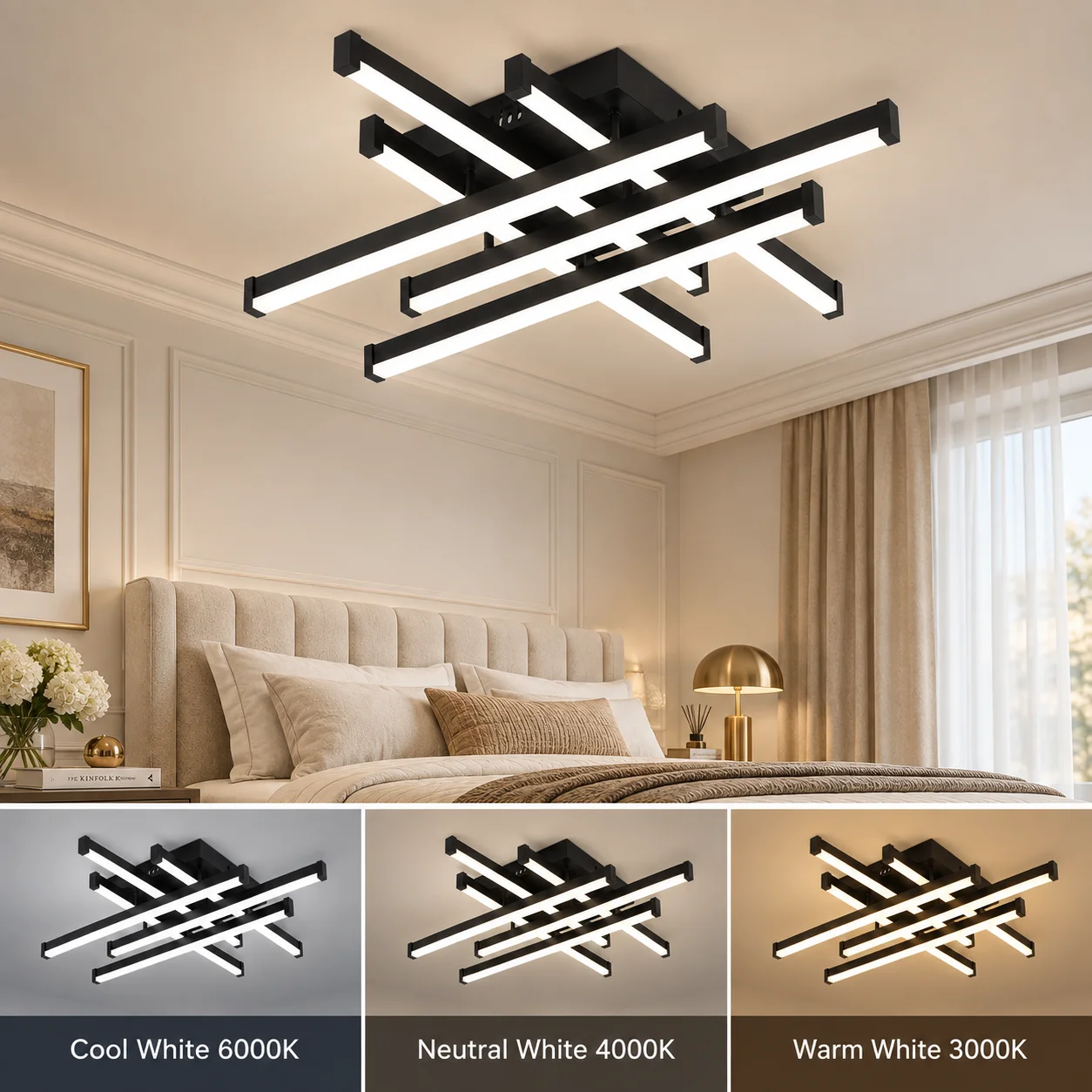 Modern Geometric Linear LED Ceiling Light, 3 Color Changing 3000K‑4000K‑6000K, Wall Switch Control, White Crossed Strip Flush Mount Ceiling Lamp, Home Decor Light Fixture for Living Room Bedroom Dining Room