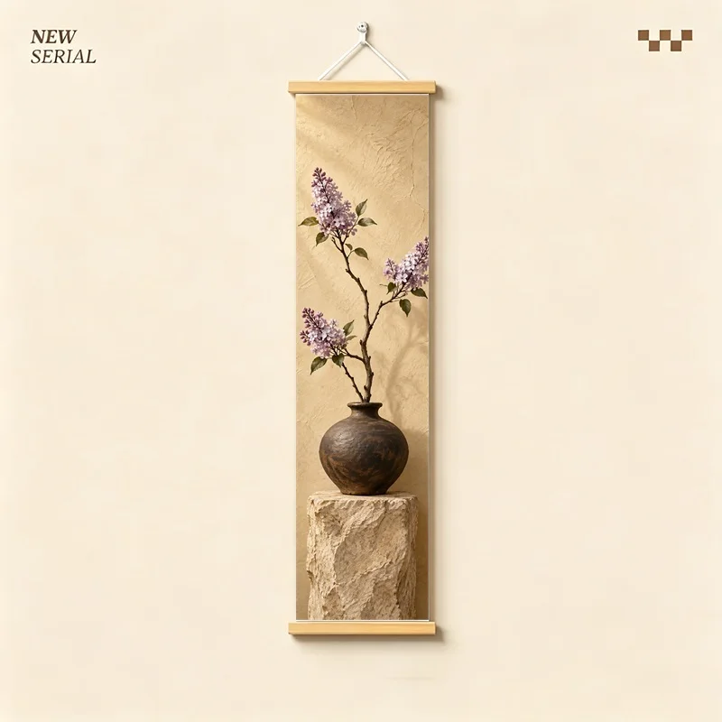 Wall Decor Lilac and Sweet Pea, Natural Wabi-Sabi Botanical Silver Shimmer Canvas Hanging Scroll for Japandi Living Room