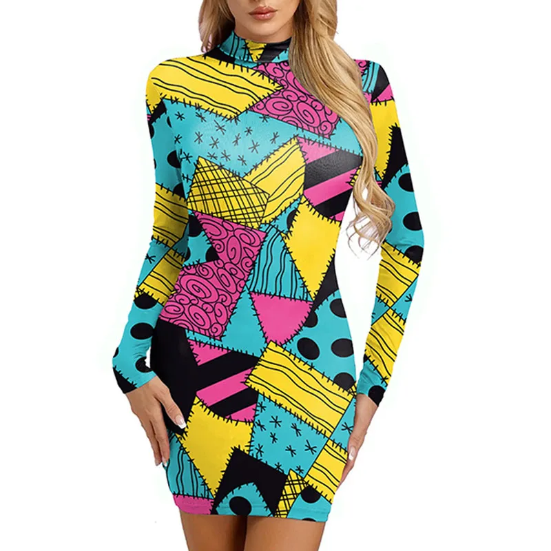 Tight-Fitting Dress Women Halloween Cosplay Casual Long Sleeve Print Patchwork Dress Female Streetwear Party Outfits Clothes