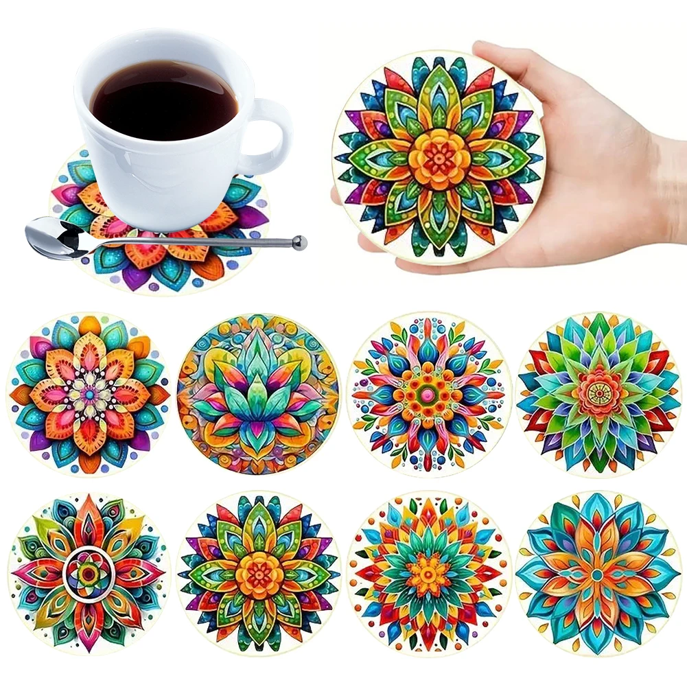 

8Pcs Wooden Coffee Bean Gnome Diamond Art Coasters Shining Drink Coasters DIY Circular Coaster Diamond Dot Kits for Home Office