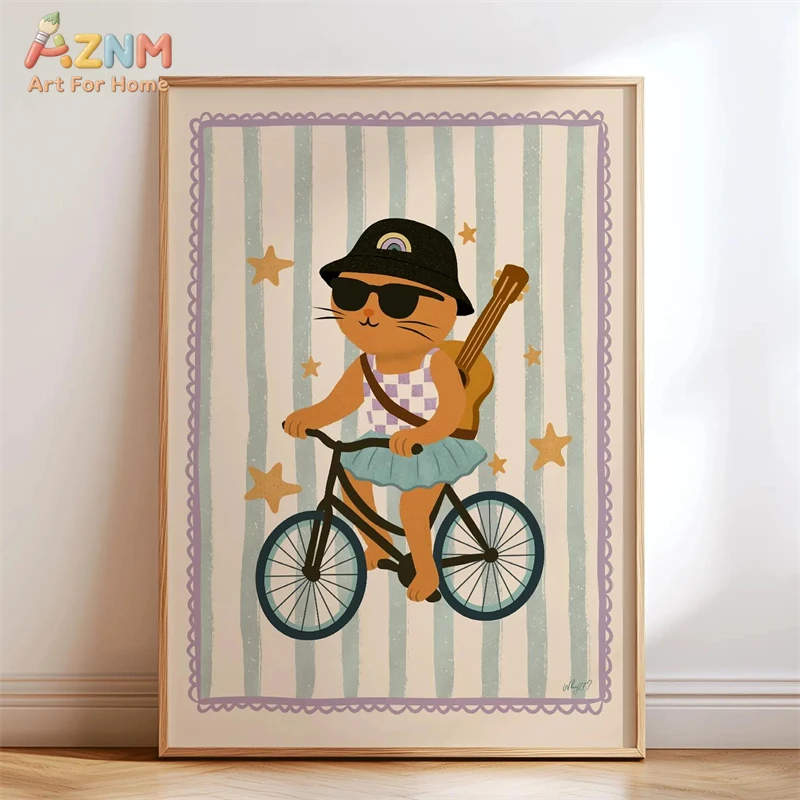 AZNM Retro Groovy Cute Animal Canvas Wall Art, Funky Cat Dog Zebra Print Unframed Painting, Boho Nursery Kids Room Wall Decor, C