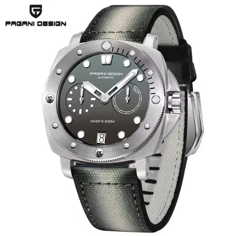 PAGANI DESIGN Men Automatic Diver Watch Green Dial Canvas Leather Strap 200M Waterproof Multifunction Mechanical Wristwatch