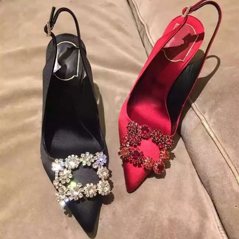 Kobiety Cienkie obcasy 7cm/9cm Obcas Slingback Pasek z tyłu Sandały na wesele Kryształowa kolorowa klamra Jedwabne plamy Buty Pointy Toe 33-43