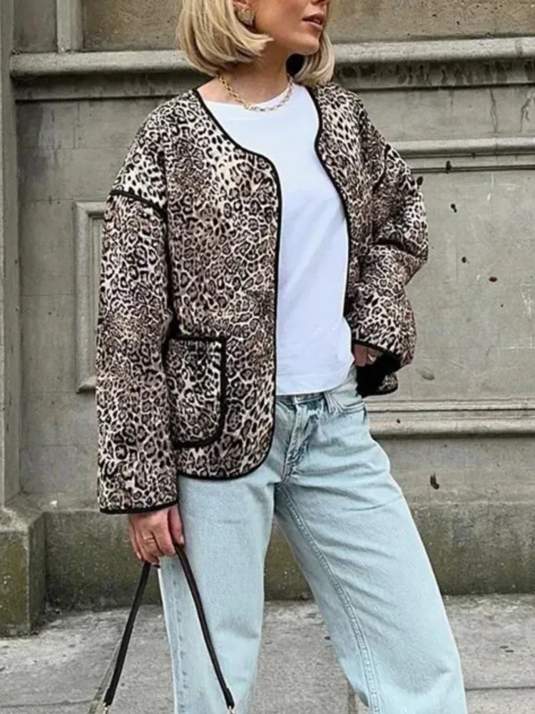 

Leopard Print Cotton Coats Women Casual Loose O-neck Long Sleeve Pockets Jacket Female 2025 New Autumn Patchwork Tops Outwear