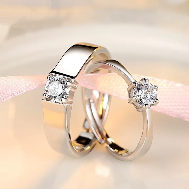 Elegant Round Cut CZ Adjustable Couple Rings Solitaire Wedding Engagement Ring for Women Men
