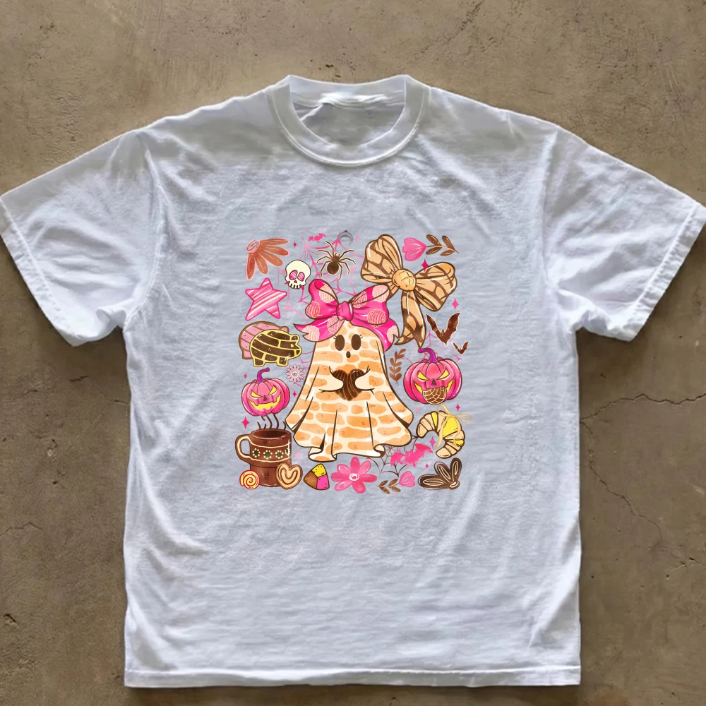 Cute Coquette Bow Ghost Halloween T‑Shirt Pumpkin Pastry Coffee Fall Season Graphic Print Short‑Sleeve Cotton Casual Party Tops