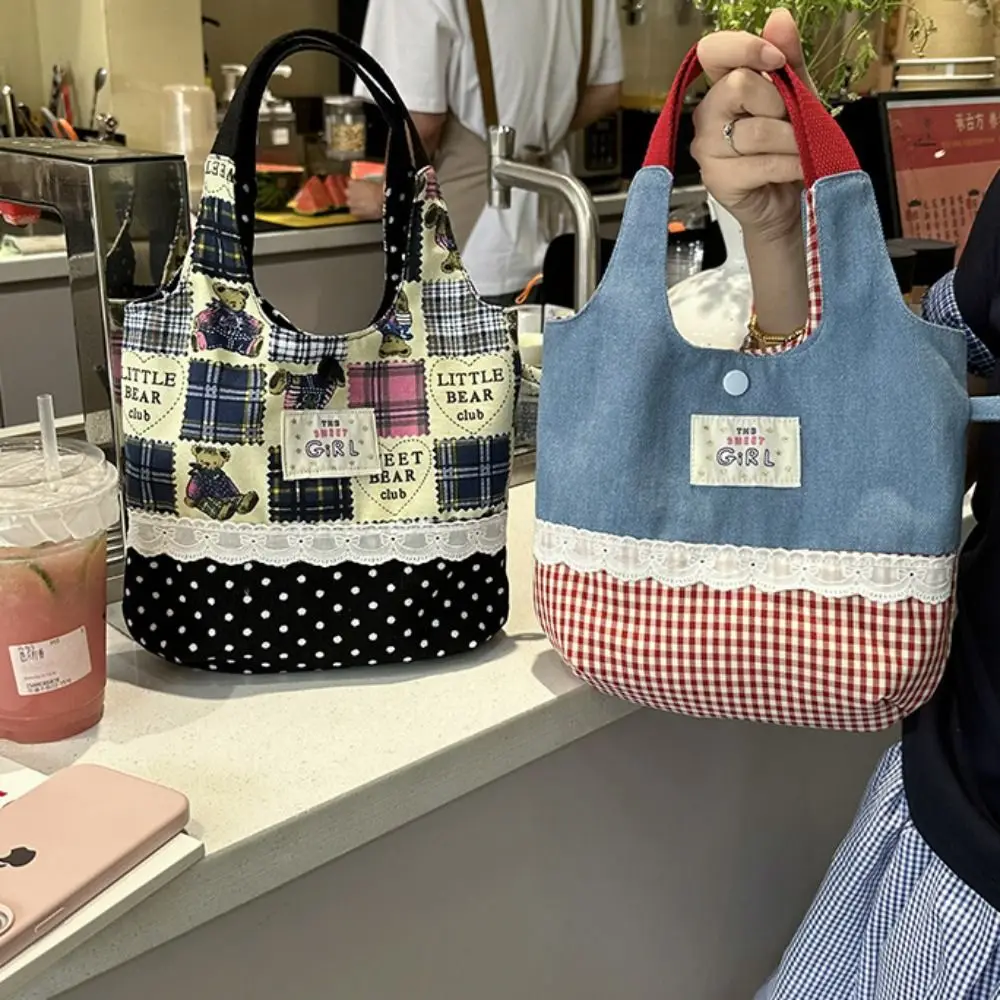 

Portable Sweet Denim Bucket Bag Cowboy Commuting Plaid Canvas Handbag Leisure Shopping Bag Cute Wrist Bag Outdoor