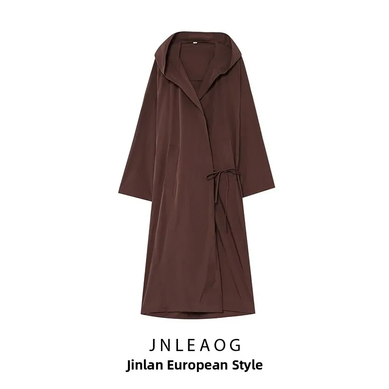 JNLEAOG Damen Langer Regenschirm-Sle Wasserdichter Mantel Herbst Neu Sle Casual Loose Fit Polyester Stoff Mit Kapuze Mittellang