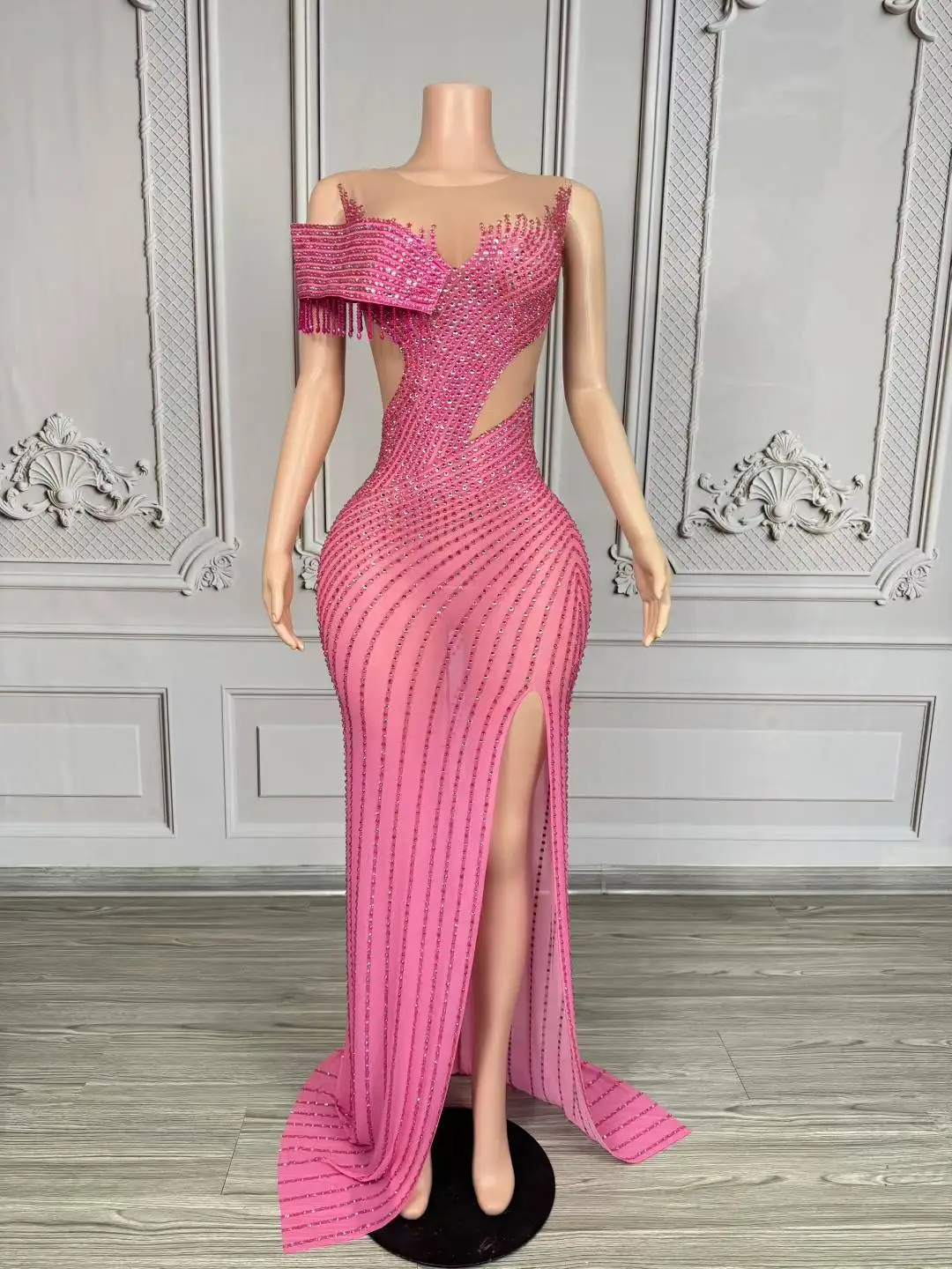 우아한 라인스톤 스플릿 롱 드레스 여성 섹시 메쉬 시스루 이브닝 파티 생일 드레스 촬영 무대 의상