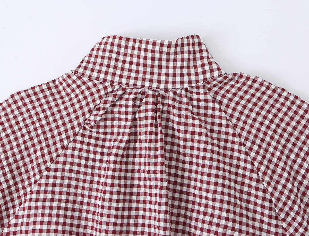 BSAY New Ladies Cropped Gingham Plaid Outerwear Stand Collar Long Puff Sleeve Button Up Drawstring Hem Casual Loose Check Jacket