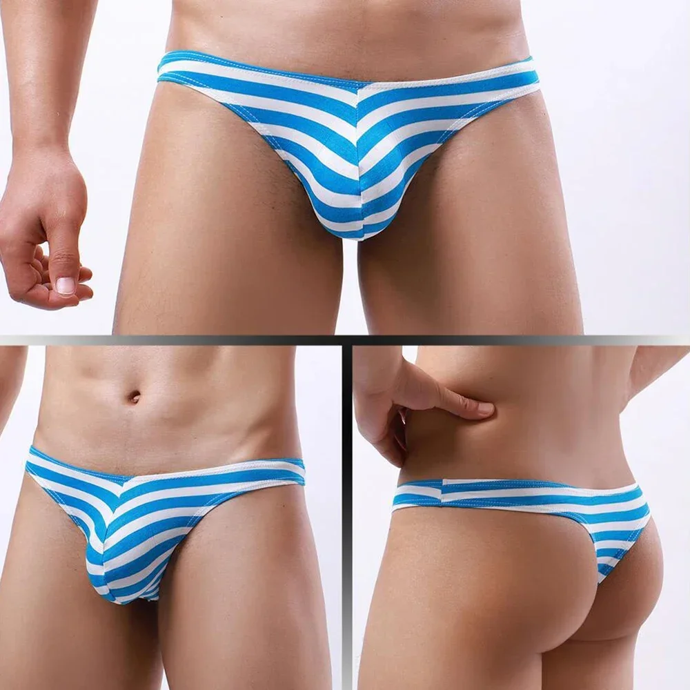 Men\'s Briefs Striped Print Thongs Underwear Bulge Pouch G-String  U Convex Underpants Mens Homme Slip Low Waist T-Back Bikini