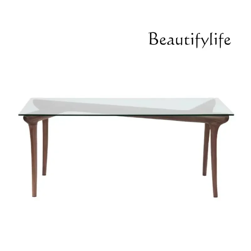 N40 Black walnut log dining table modern retro new Chinese style simple creative solid wood tempered glass countertop