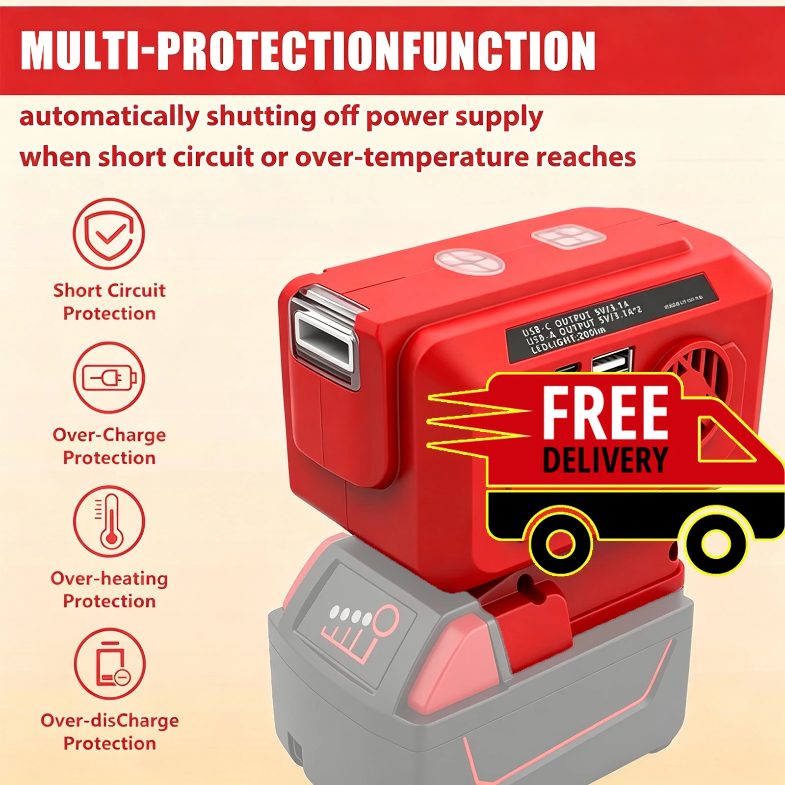 200W Power Inverter for Milwaukee M18 Battery, DC 18V to AC 110V Modified Sine Wave Converter Compatible with M18 18V Lithium Battery, with AC Outlet USB Type-C LED Light (No Battery)