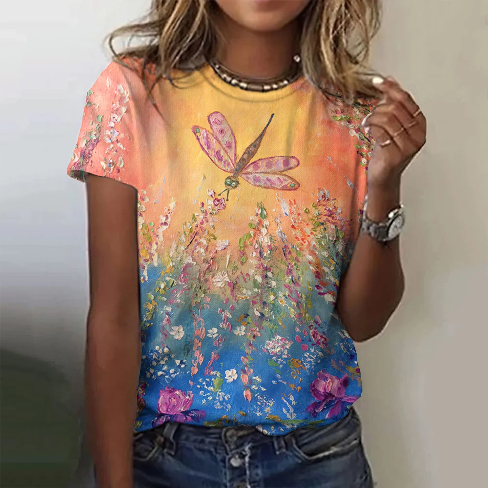 Summer Fashion Blouse 2023 Women\'s T-Shirt Dragonfly Printed Top O-Neck Short Sleeve Fashion Tee Casual T Shirt Female Clothing