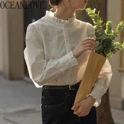 OCEANLOVE Women Shirts&blouses Solid Stand Collar Spring Autumn Korean Fashion Sweet Blusas Mujer Ruffles Elegant Camisas