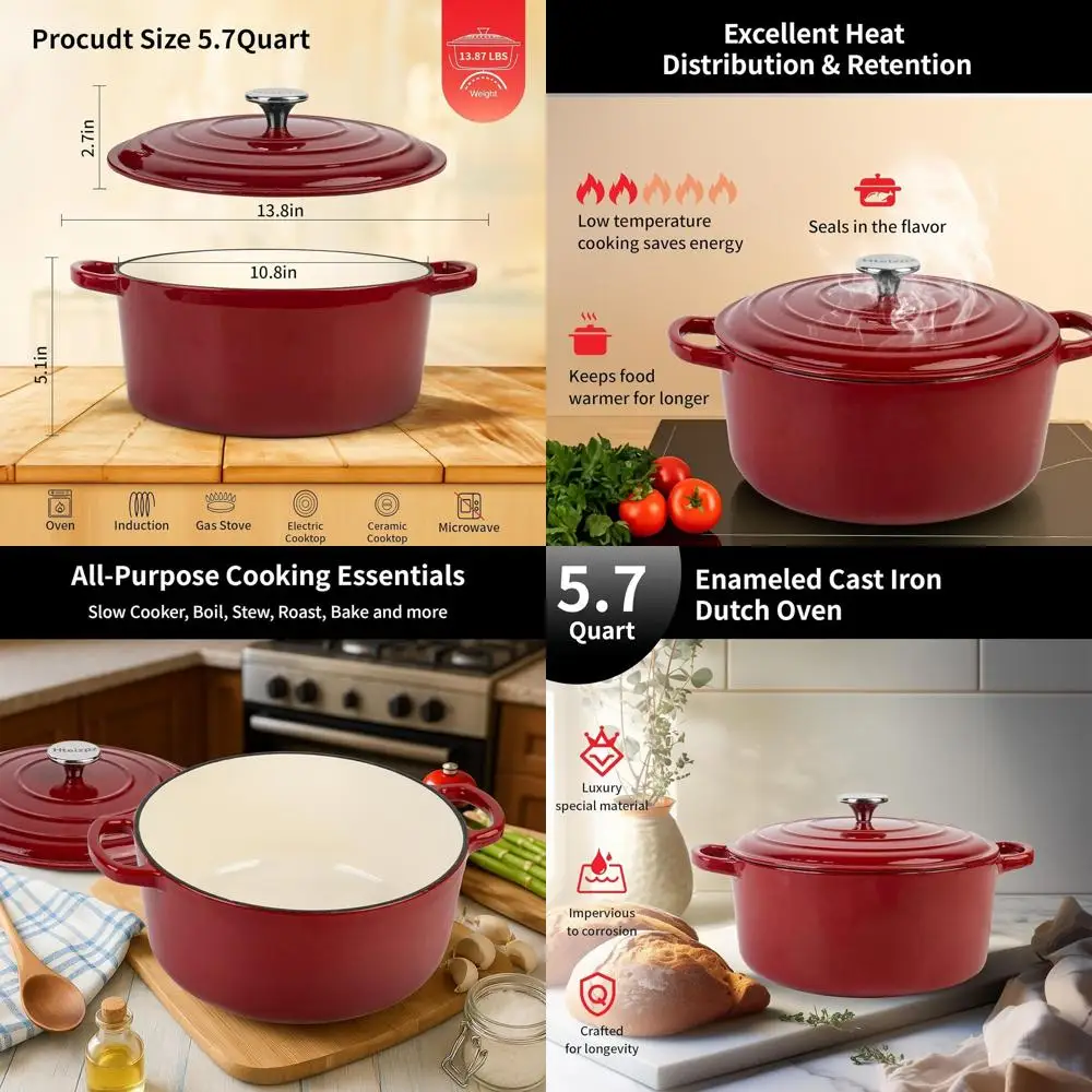 

5.7 Quart Enamel Dutch Oven with Lid, Oven-Safe for Bread Baking, Braising, Roasting, and Stews, Red